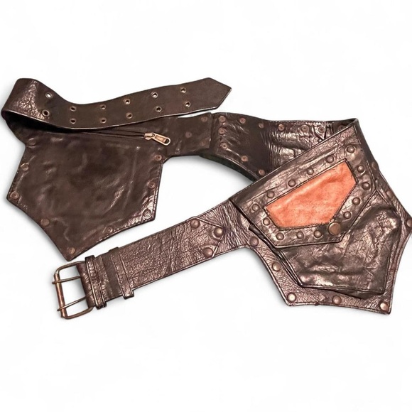 Accessories - Leather hip belt bag festival hidden pocket black & brown studded adjustable M/L